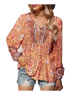 Women's Floral Ruffled Tunic Blouse Tie V Neck Casual Long Sleeve Babydoll Peplum Tops