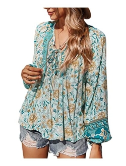 Women's Floral Ruffled Tunic Blouse Tie V Neck Casual Long Sleeve Babydoll Peplum Tops