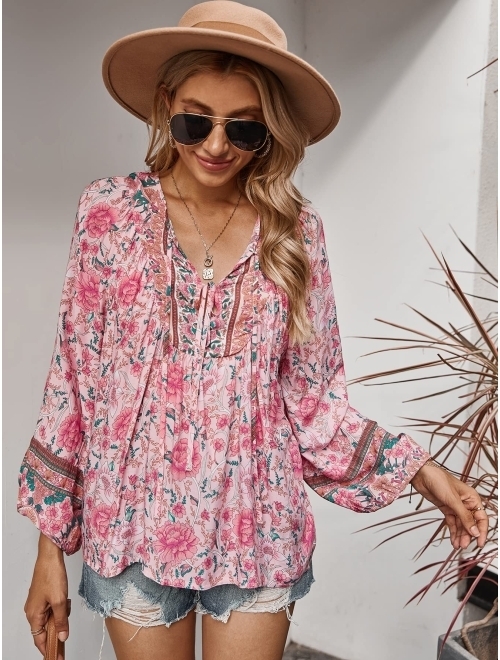 PRETTYGARDEN Women's Floral Ruffled Tunic Blouse Tie V Neck Casual Long Sleeve Babydoll Peplum Tops