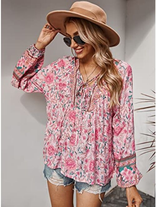 PRETTYGARDEN Women's Floral Ruffled Tunic Blouse Tie V Neck Casual Long Sleeve Babydoll Peplum Tops