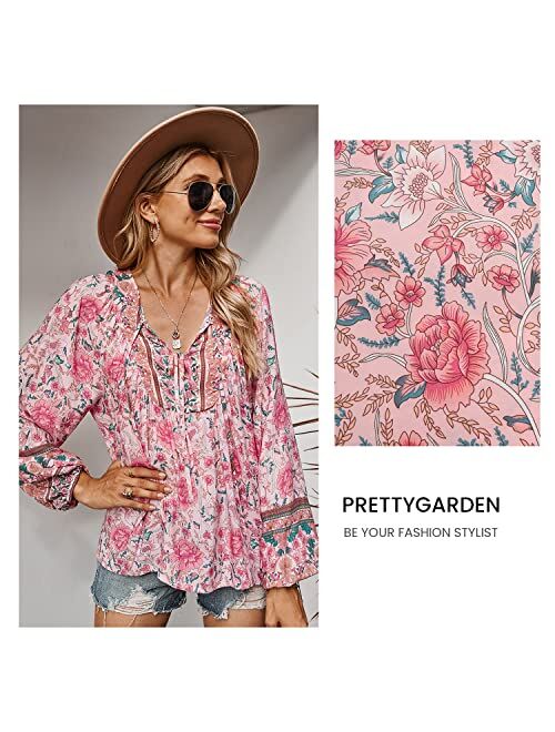 PRETTYGARDEN Women's Floral Ruffled Tunic Blouse Tie V Neck Casual Long Sleeve Babydoll Peplum Tops