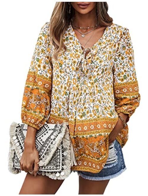 PRETTYGARDEN Women's Floral Ruffled Tunic Blouse Tie V Neck Casual Long Sleeve Babydoll Peplum Tops