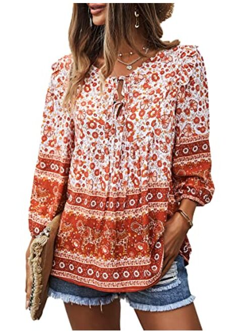 PRETTYGARDEN Women's Floral Ruffled Tunic Blouse Tie V Neck Casual Long Sleeve Babydoll Peplum Tops