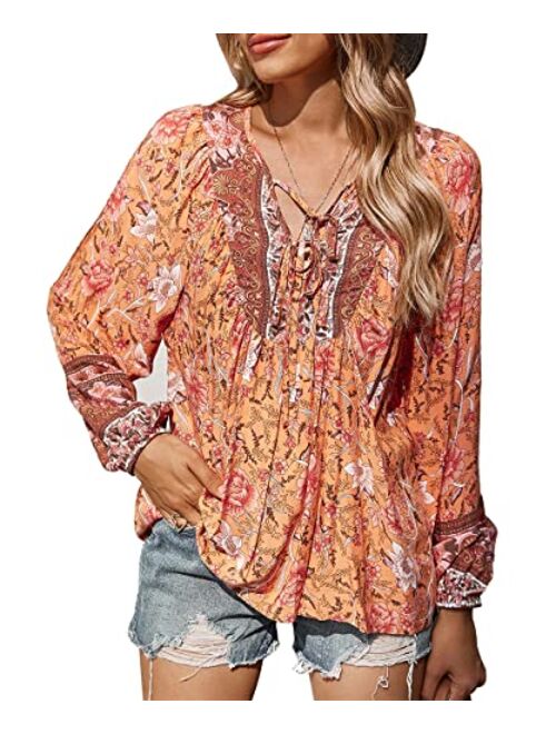 PRETTYGARDEN Women's Floral Ruffled Tunic Blouse Tie V Neck Casual Long Sleeve Babydoll Peplum Tops