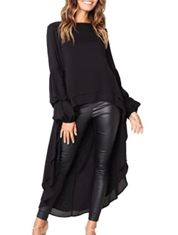 Women's Lantern Long Sleeve Round Neck High Low Asymmetrical Irregular Hem Casual Tops Blouse Shirt Dress