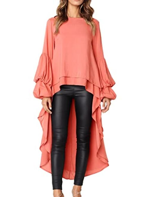 PRETTYGARDEN Women's Lantern Long Sleeve Round Neck High Low Asymmetrical Irregular Hem Casual Tops Blouse Shirt Dress