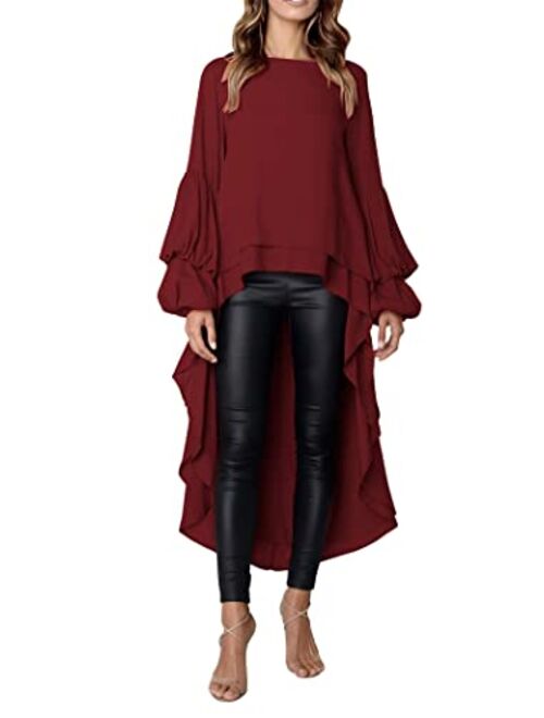 PRETTYGARDEN Women's Lantern Long Sleeve Round Neck High Low Asymmetrical Irregular Hem Casual Tops Blouse Shirt Dress