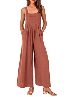 Women's Bib Overalls Casual Summer Sleeveless Strap Loose Wide Leg Jumpsuits with Pockets