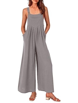 Women's Bib Overalls Casual Summer Sleeveless Strap Loose Wide Leg Jumpsuits with Pockets