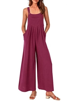 Women's Bib Overalls Casual Summer Sleeveless Strap Loose Wide Leg Jumpsuits with Pockets