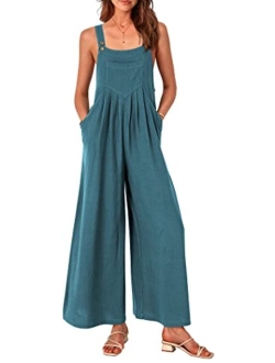 Women's Bib Overalls Casual Summer Sleeveless Strap Loose Wide Leg Jumpsuits with Pockets