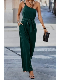 Women's 2023 Casual Summer Jumpsuits One Shoulder Strap Backless Belted Wide Leg Pants Rompers