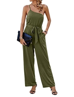 Women's 2023 Casual Summer Jumpsuits One Shoulder Strap Backless Belted Wide Leg Pants Rompers