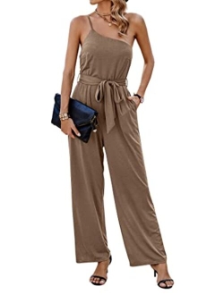 Women's 2023 Casual Summer Jumpsuits One Shoulder Strap Backless Belted Wide Leg Pants Rompers