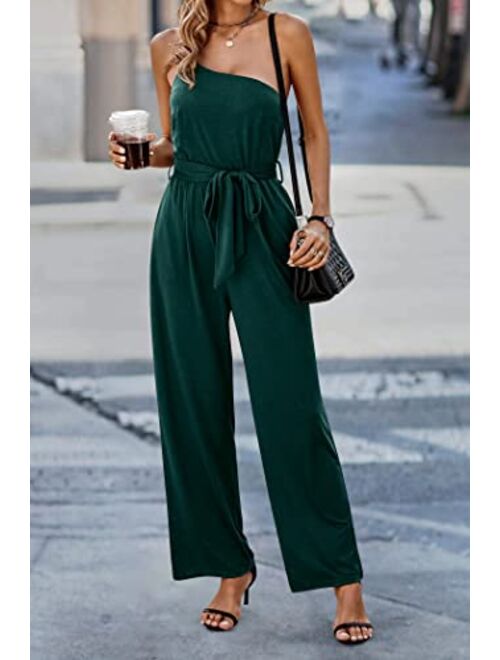 PRETTYGARDEN Women's 2023 Casual Summer Jumpsuits One Shoulder Strap Backless Belted Wide Leg Pants Rompers
