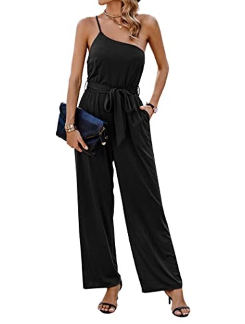 PRETTYGARDEN Women's 2023 Casual Summer Jumpsuits One Shoulder Strap Backless Belted Wide Leg Pants Rompers