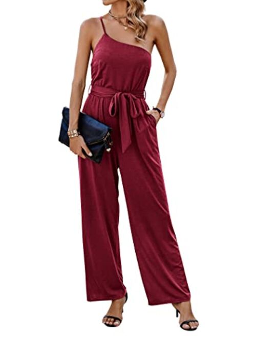 PRETTYGARDEN Women's 2023 Casual Summer Jumpsuits One Shoulder Strap Backless Belted Wide Leg Pants Rompers