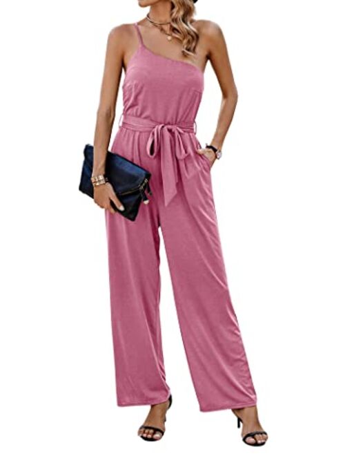 PRETTYGARDEN Women's 2023 Casual Summer Jumpsuits One Shoulder Strap Backless Belted Wide Leg Pants Rompers