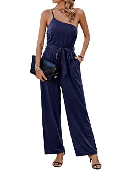 PRETTYGARDEN Women's 2023 Casual Summer Jumpsuits One Shoulder Strap Backless Belted Wide Leg Pants Rompers