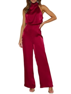 Women's Satin Jumpsuits 2023 Summer One Piece Outfits Mock Neck Sleeveless Wide Leg Pants Rompers