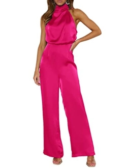 Women's Satin Jumpsuits 2023 Summer One Piece Outfits Mock Neck Sleeveless Wide Leg Pants Rompers