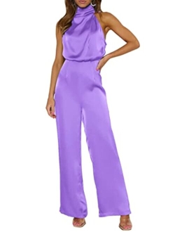 Women's Satin Jumpsuits 2023 Summer One Piece Outfits Mock Neck Sleeveless Wide Leg Pants Rompers