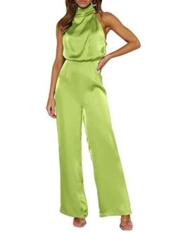 Women's Satin Jumpsuits 2023 Summer One Piece Outfits Mock Neck Sleeveless Wide Leg Pants Rompers