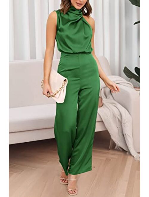 PRETTYGARDEN Women's Satin Jumpsuits 2023 Summer One Piece Outfits Mock Neck Sleeveless Wide Leg Pants Rompers