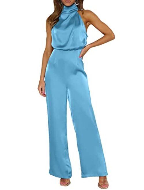 PRETTYGARDEN Women's Satin Jumpsuits 2023 Summer One Piece Outfits Mock Neck Sleeveless Wide Leg Pants Rompers