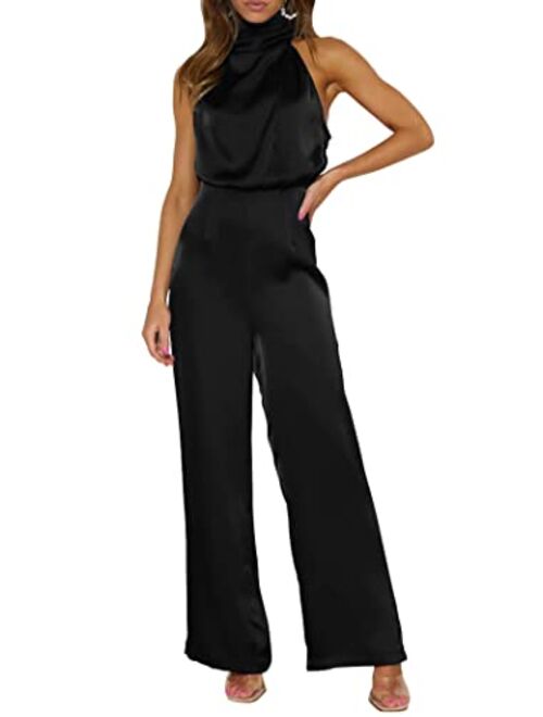 PRETTYGARDEN Women's Satin Jumpsuits 2023 Summer One Piece Outfits Mock Neck Sleeveless Wide Leg Pants Rompers