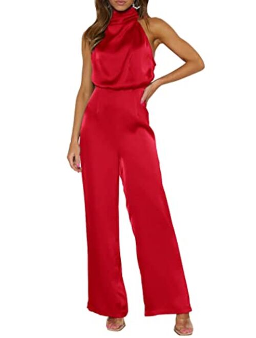 PRETTYGARDEN Women's Satin Jumpsuits 2023 Summer One Piece Outfits Mock Neck Sleeveless Wide Leg Pants Rompers