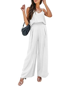 Women's Summer 2 Piece Set Sleeveless V Neck Cami Top Wide Leg Pants Loose Fit Casual Outfit