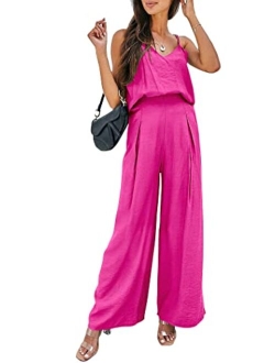 Women's Summer 2 Piece Set Sleeveless V Neck Cami Top Wide Leg Pants Loose Fit Casual Outfit