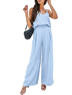 Women's Summer 2 Piece Set Sleeveless V Neck Cami Top Wide Leg Pants Loose Fit Casual Outfit