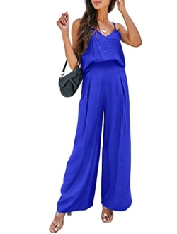 Women's Summer 2 Piece Set Sleeveless V Neck Cami Top Wide Leg Pants Loose Fit Casual Outfit