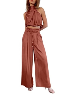 Women's 2 Piece Outfits 2023 Summer Casual Sleeveless Mock Neck Crop Tops Wide Leg Pants Set