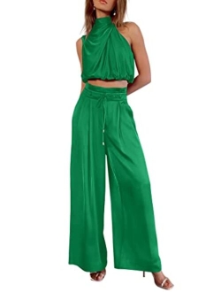 Women's 2 Piece Outfits 2023 Summer Casual Sleeveless Mock Neck Crop Tops Wide Leg Pants Set