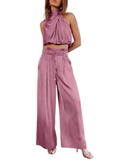 Women's 2 Piece Outfits 2023 Summer Casual Sleeveless Mock Neck Crop Tops Wide Leg Pants Set