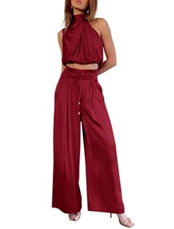 Women's 2 Piece Outfits 2023 Summer Casual Sleeveless Mock Neck Crop Tops Wide Leg Pants Set