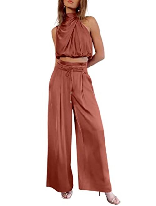 PRETTYGARDEN Women's 2 Piece Outfits 2023 Summer Casual Sleeveless Mock Neck Crop Tops Wide Leg Pants Set