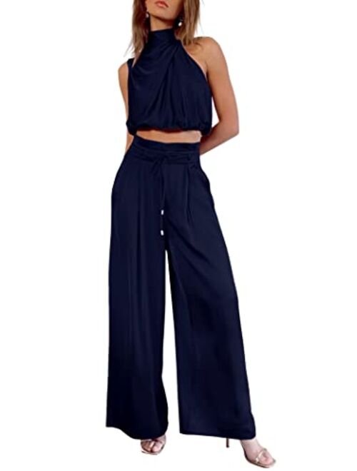 PRETTYGARDEN Women's 2 Piece Outfits 2023 Summer Casual Sleeveless Mock Neck Crop Tops Wide Leg Pants Set