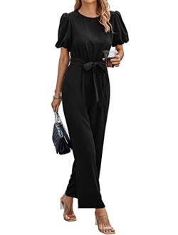 Jumpsuits for Women Dressy Summer Short Puff Sleeve Wide Leg Pants Romper Belted Casual Outfits