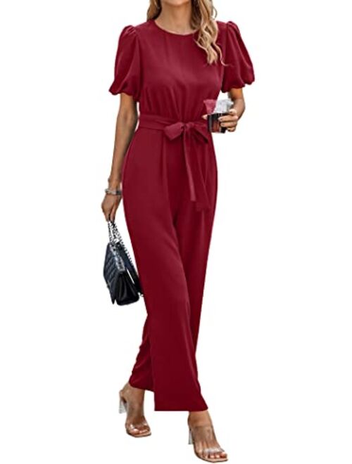 PRETTYGARDEN Jumpsuits for Women Dressy Summer Short Puff Sleeve Wide Leg Pants Romper Belted Casual Outfits