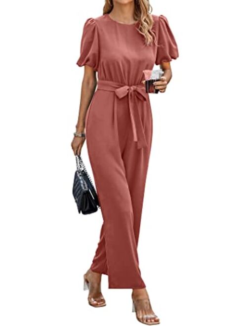 PRETTYGARDEN Jumpsuits for Women Dressy Summer Short Puff Sleeve Wide Leg Pants Romper Belted Casual Outfits