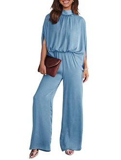 Women's Casual Summer Jumpsuits Short Sleeve Mock Neck Wide Leg Pants Romper One Piece Satin Outfit