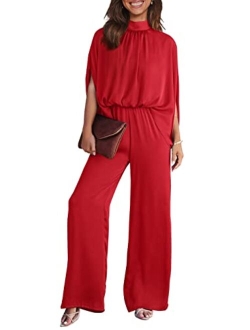 Women's Casual Summer Jumpsuits Short Sleeve Mock Neck Wide Leg Pants Romper One Piece Satin Outfit