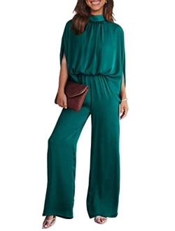 Women's Casual Summer Jumpsuits Short Sleeve Mock Neck Wide Leg Pants Romper One Piece Satin Outfit