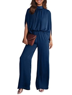 Women's Casual Summer Jumpsuits Short Sleeve Mock Neck Wide Leg Pants Romper One Piece Satin Outfit