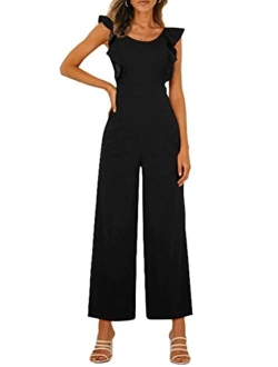 Women's Summer Backless Jumpsuits Casual Ruffle Cap Sleeve One Piece Wide Leg Pants Romper