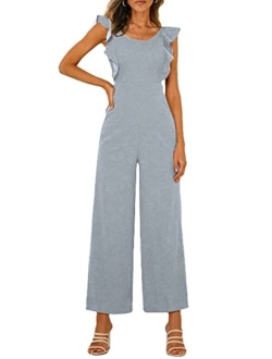 Women's Summer Backless Jumpsuits Casual Ruffle Cap Sleeve One Piece Wide Leg Pants Romper